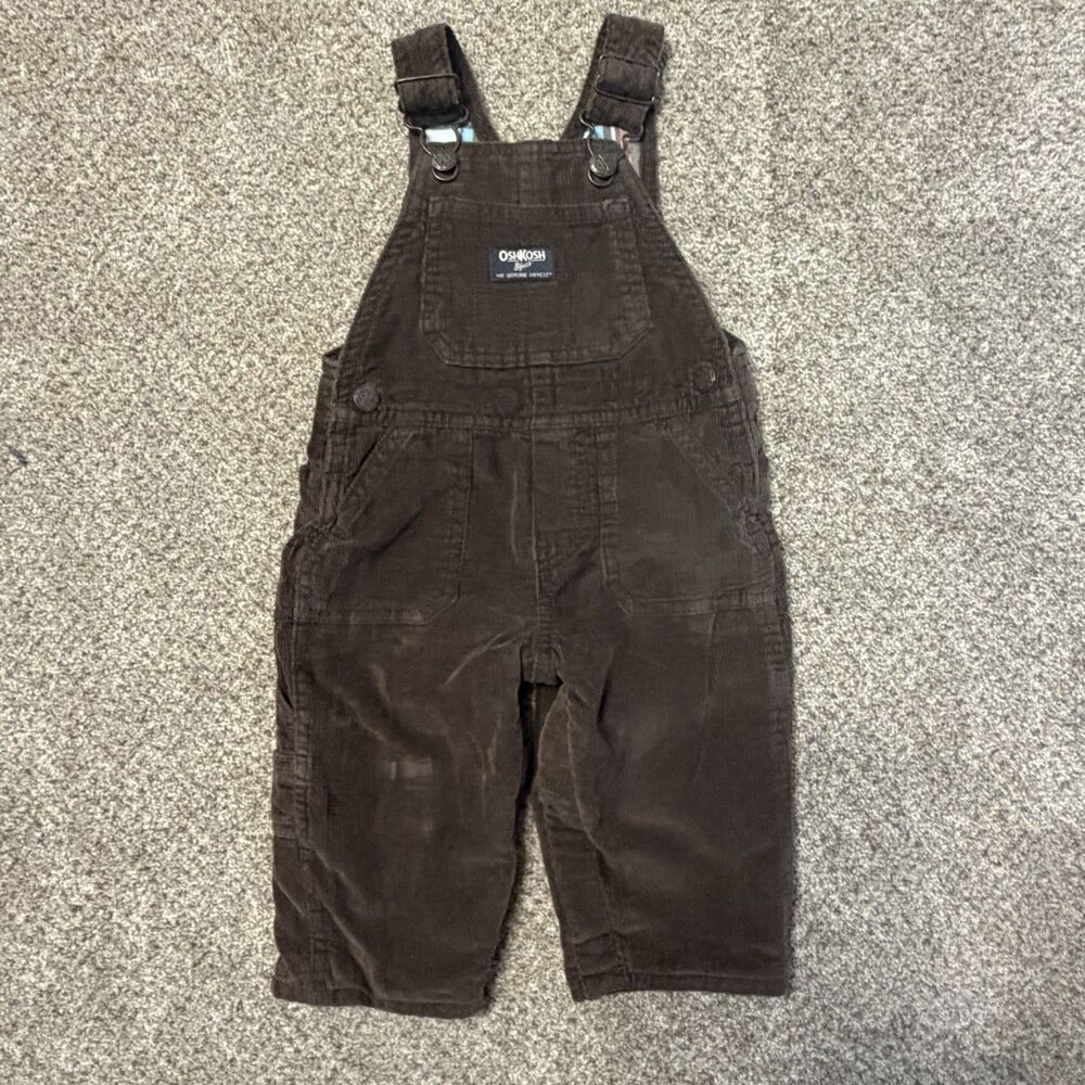 OshKosh B'gosh Brown Corduroy Overalls Plaid Flannel Lined Kids Size 9M